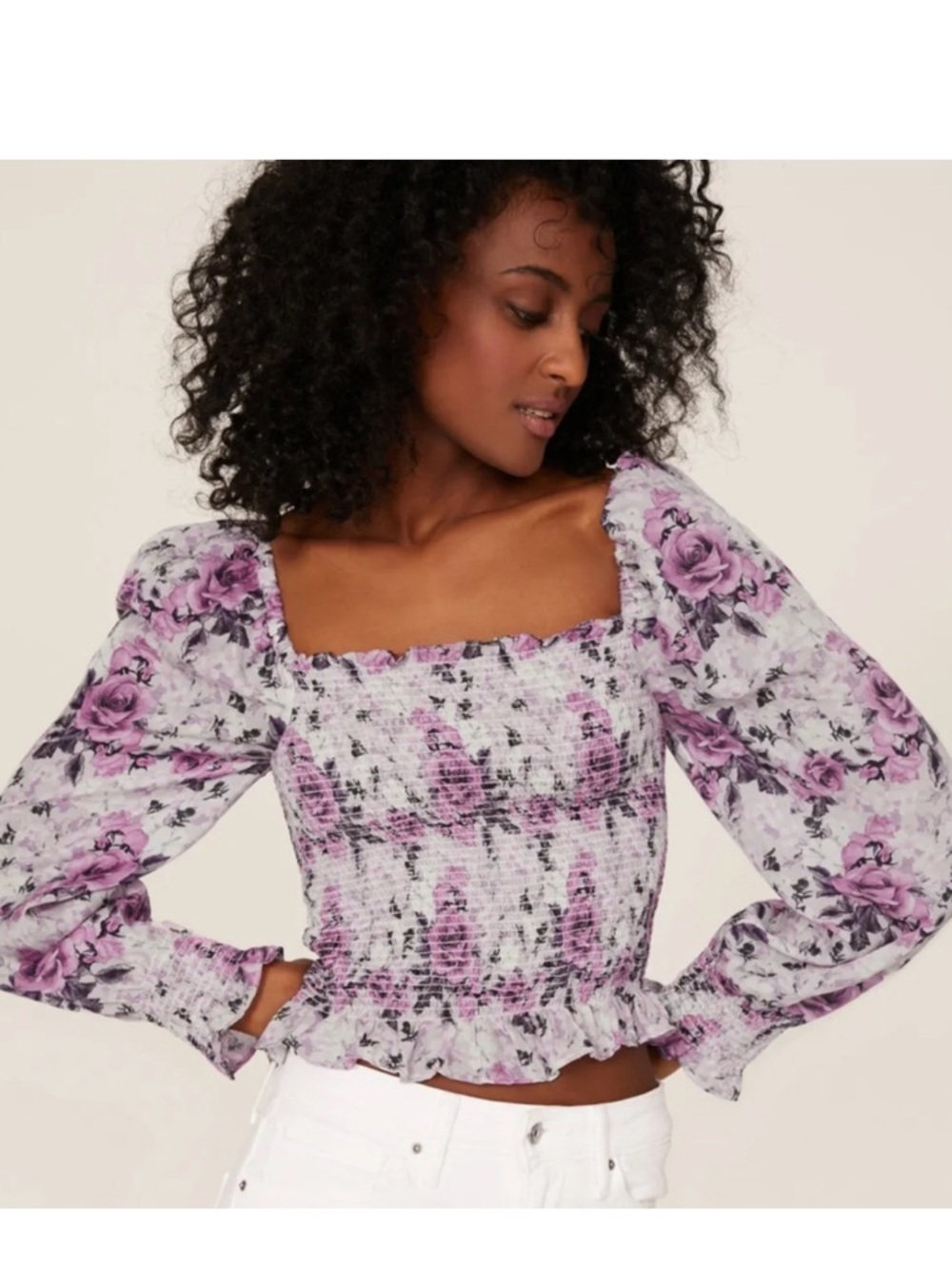 LoveShackFancy Russel Purple Floral Smocked Puff-Sleeve Crop Top